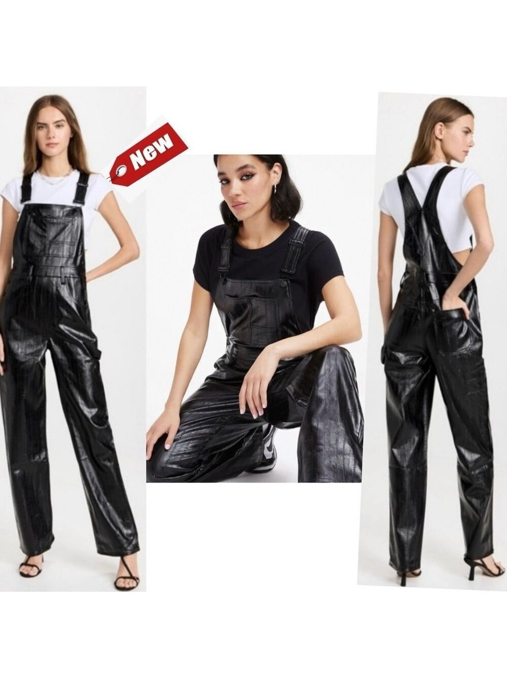 Good American black better than leather faux leather overalls NWT